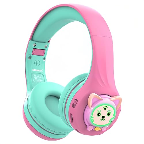 Riwbox CB-7S Kids Wireless Headphones,with Safe Volume Control 74/85/95dB,LED Glow Lights,50H Playtime,Bluetooth V5.3,Built-in Mic, TF Card Slot,for Travel/School/Phone/Laptop (Pink&Green) - color: Pink&Green