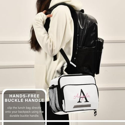 Custom Student Lunch Bag for Boys Girls White Solid Color Personalized Name Lunch Box Insulated Cooler Bag for School Picnic Office - color: Multi30