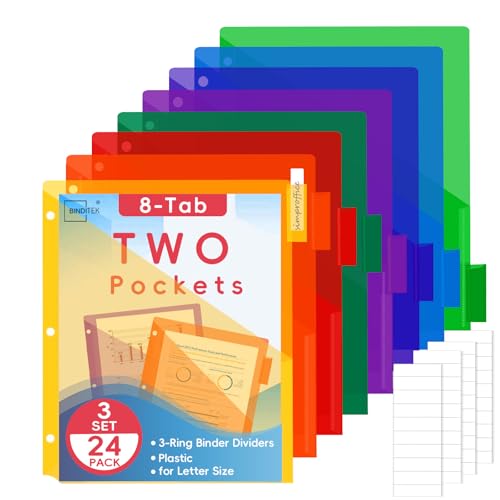 Binditek Plastic 8-Tab Binder Dividers with 2 Pockets, 3 Set 24 Pack, Pocket Dividers, for 3 Ring Binders, Letter Size, Includes Writable Labels, Assorted Colors - size: 3 Set