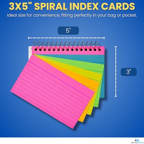 1InTheOffice Spiral Index Cards 3x5 Ruled, Neon Note Cards Spiral Bound, Spiral Bound Index Cards, 50 Cards/Pack, 2 Pack