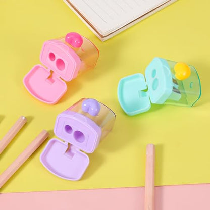 3 PCS Heart Pencil Sharpener, Colorful Dual Holes Pencil Sharpener with Lid Handheld Small Manual Crayon Sharpeners for Home and Office (Green, Purple, Pink)