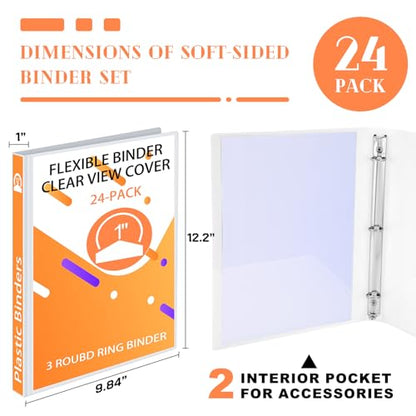 Fulmoon 24 Pcs 3 Ring Plastic Binders Bulk with 2 Pockets Flexible Binder with Transparent View Cover Plastic Binder for Home Office(1 Inch,White) - color: White, size: 1 Inch