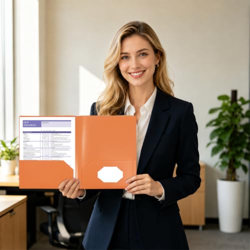Orange Folders with Pocket 7 Pack, 2 Pocket File Folders Bulk, Plastic Paper Folder, File Folders with Card Slot for Student School, Home Office Business Supplies - color: Orange