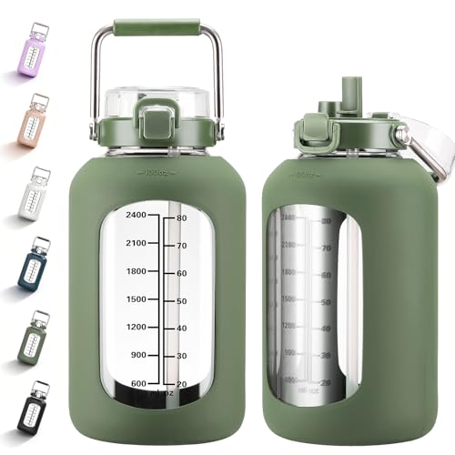 MUKOKO 100oz Glass Water Bottle with Time Marker and Silicone Sleeve 3L Large Water Jug with Stainless Steel Handle Gallon Drinking Bottle with 2-in-1 Lid Wide Mouth BPA Free, Oliver - color: Olive, size: 100 Ounces