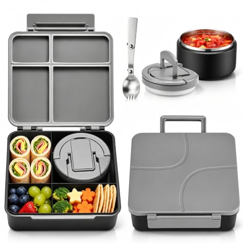 Bento Lunch Box for Kids with 8oz Soup Thermo,Kids Leakproof Lunch Food Containers with 4 Compartment,Kid Insulated Thermo Hot Food Jar for School,Trvael-Black - color: Black