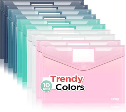 Sooez 10Pack Plastic Envelopes, Plastic File Folders, Clear Folders for Documents Trendy Colors, Super Heavyweight Document Holders, Storage Pouches, File Envelopes for School Office Supplies - style: Trendy/A4