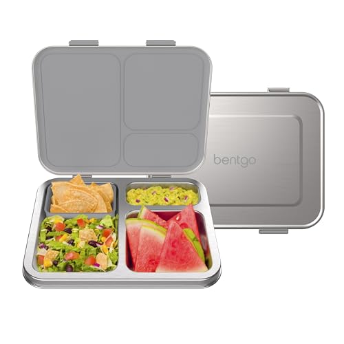 Bentgo Kids Stainless Steel Leak-Resistant Lunch Box - 3-Compartments with Bonus Silicone Container, Durable, Eco-Friendly, Dishwasher Safe, BPA-Free, Ideal for School, Ages 3+ (Silver) - color: Silver