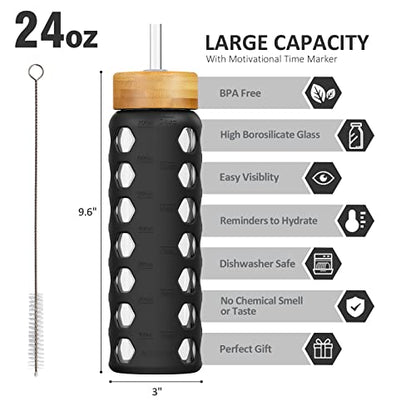 MUKOKO 24oz Glass Water Bottle, Black | Glass Tumbler with Straw, Drinking Bottles with 2 Lids-Handle Spout Lid & Bamboo Straw Lid, Silicone Sleeve, 1 Pack - color: Black, size: 24 Ounces