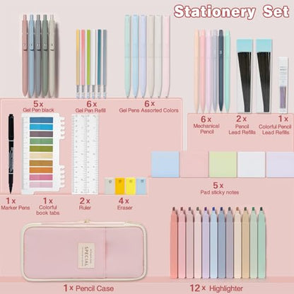 HRFGWDD 52 PCS Aesthetic School Supplies with Highlighters, Mechanical Pencils, Color Ink Gel pens, Pencil Case, Bible Study Supplies, Pens Pencils and Highlighters Set, Stationary Set for Student - color: 52pcs