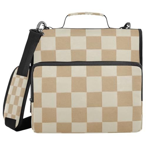 Checkered Beige 3 Ring Zipper Binder 500 Sheet Capacity Binder Organizer Multi-Pocket Expanding File Folder with Shoulder Strap & Handle