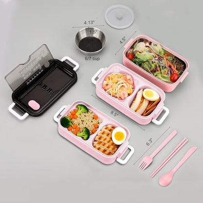 3-Tier Lunch Box for Women, Adult Lunch Box with Insulated Lunch Bag | 60 fl oz Large Capacity Bento Box with BPA-Free Utensils & Sauce Container, Leakproof, Microwave Safe for Work & Meal Prep - color: Pink(3-Tiers)