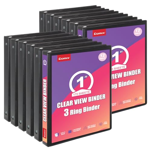 Comix Durable 1 Inch 3 Ring Binder, Round View Binder for Office or School, Fits 175 Sheets of 8.5x11 Paper, PVC-Free & Foldable Spine, Made in North American, 12 Pack (Black) - color: Black, size: 1 inch, style: 12 Pack