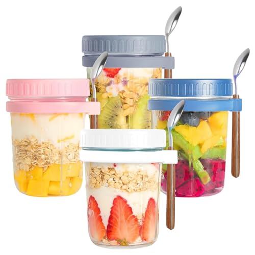 Glass Overnight Oats Containers，with Lids and Spoons，16 oz Glass Food Storage Containers ，Container Meal Prep Jar for Cereal Fruit Vegetable Milk Salad Yogurt