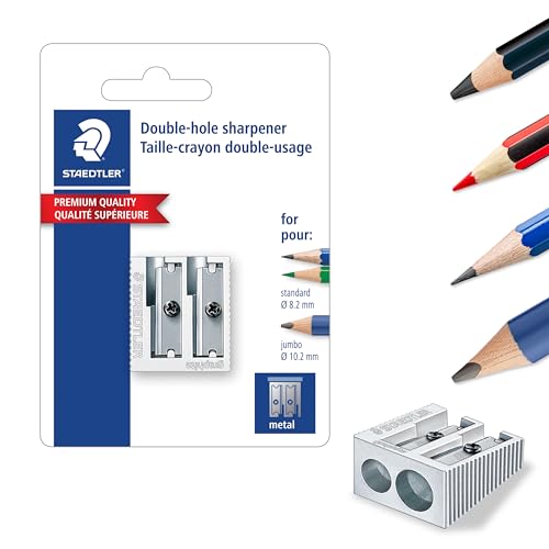 STAEDTLER Metal Double-Hole Pencil Sharpener - Precision 23° & 30° Angles for Standard & Colored Pencils - 3-Point Blade Design for Sharp Lines