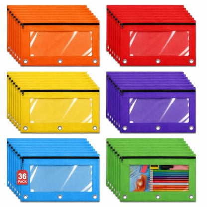 Pencil Pouch Bulk 36 Pack, Pencil Pouch for 3 Ring Binder, Pencil Bags | Binder Pencil Pouch, Zipper Pencil Pouch with Clear Window, 3 Hole Fabric Pencil Pouches Bulk for Classroom, School & Office
