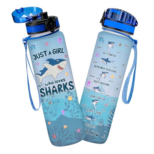 Shark Water Bottle 32oz for Women Girls – Cute Funny Ocean Animal Drink Bottle with Time Marker, UV Printed Reusable Cup, Gift for Shark Lovers - color: Blue Shark