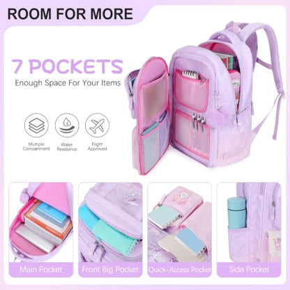 Jafeton Backpacks for Girls, Girls Backpack with Insulated Lunch Bag and Pencil Case for Kids Teens Elementary Middle High School Student, Cute Bow School Bag Travel Daypacks Book Bag Set - color: Purple Pink