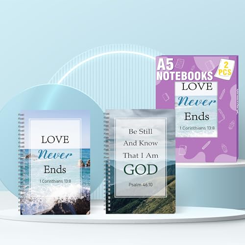Xqumoi 2Pack A5 Natural Scenery Religious Spiral Notebooks - Love Never Ends Bible Verses Notebooks, Ruled Lined Journal, Inspirational Christian Christmas Gift, Sunday School Supplies - style: G-Mountain Sea