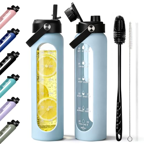 Aqulea 32 oz Glass Water Bottle with 2 Lids – Spout & Straw Lids, 1L Motivational Borosilicate Glass Water Bottle with Time Marker & Silicone Sleeve, Leakproof (Ice Blue) - color: Ice Blue, size: 32 Ounces