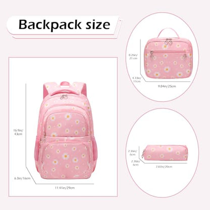 Glodwheat Daisy Printed Backpack For Girls- 3Pc Set With Lunch Box & Pencil Case, Lightweight Water-Resistant Bookbag For Elementary School - color: Pink