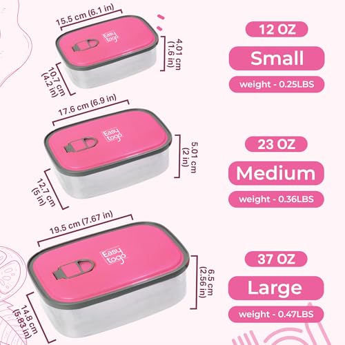 Easy Togo 3-Pack Stainless Steel Lunch Containers – Airtight Leakproof Food Storage Boxes for Meal Prep, Snacks & Leftovers – 37oz + 23oz + 12oz, Pink Lid, Reusable Bento Set for Adults