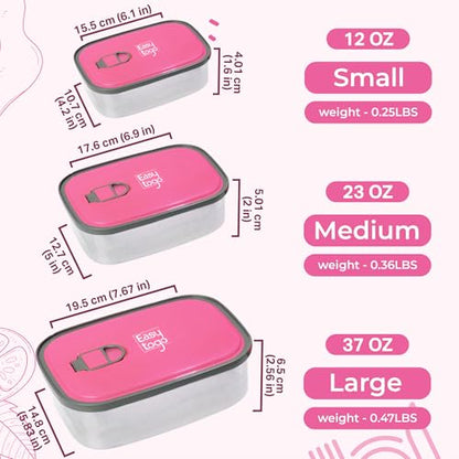 Easy Togo 3-Pack Stainless Steel Lunch Containers – Airtight Leakproof Food Storage Boxes for Meal Prep, Snacks & Leftovers – 37oz + 23oz + 12oz, Pink Lid, Reusable Bento Set for Adults