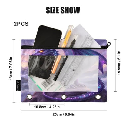 Gredecor 3 Ring Binder Pencil Pouch, Dragon Purple Galaxy Zippered Pen Case Pouches with Clear Window, 2 Pack Stylish Office & School Supplie - color: Dragon Purple Galaxy