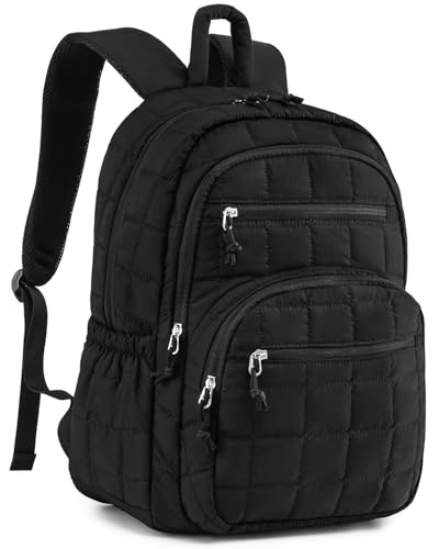 Bookbag for Women, Teen Girls Backpack for High School College Student, Puffer Quilted Back Pack Cute Laptop Backpack for Work Travel Mom Casual Daypack, Black - color: Black, size: 15.6in