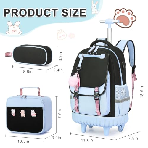 Bevalsa Rolling Backpack for Girls, 3PCS Roller School Backpacks with Lunch Box & Pen Case, Kids Bookbag Schoolbag with Wheels for Teen Girl Kindergarten Elementary Middle School - color: Black Blue