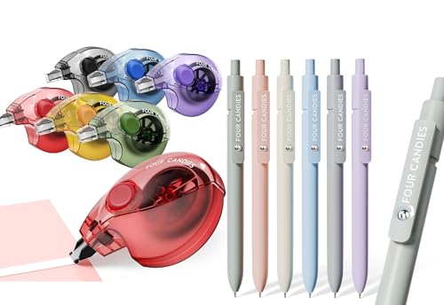 Four Candies Silent Correction Tape, White Correction Tape 6 Pack+Gel Pens