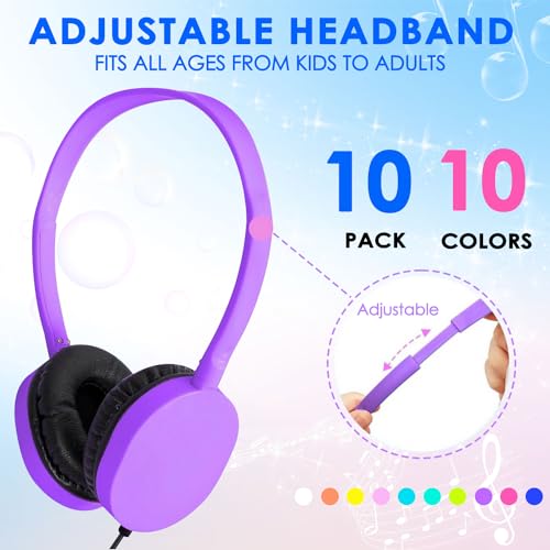 Kids Headphones Bulk 10 Pack for School Classroom Student Children Toddler Boys Girls Teen and Adult, Computer Earphones Class Set of Headphones for Students (PU102,10 Mixed)