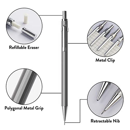 4PCS Metal Mechanical Pencil Set, 0.7mm Medium Point Pack with Storage Case | 480 Leads, 3 Erasers+9 Refills, For School Writing, Sketching, Art Drawing & Professional Drafting - style: 0.7MM