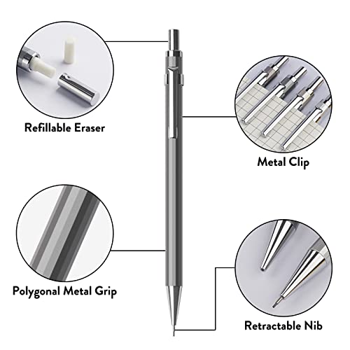 4PCS Metal Mechanical Pencil Set, 0.5mm Fine Point, Pack with Storage Case | 480 Leads, 3 Erasers+9 Refills, For School Writing, Sketching, Art Drawing & Professional Drafting - style: 0.5MM