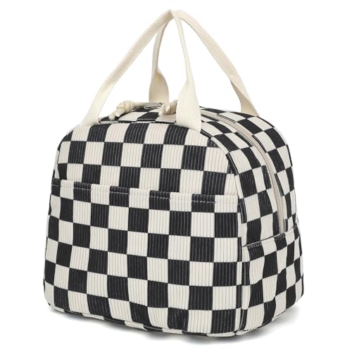 Corduroy Lunch Box for Women Girls, Cooler Lunch Bags Reusable Insulated Lunchbox for Picnic School Work Travel (Checkered Black) - color: Corduroy Checkered Black