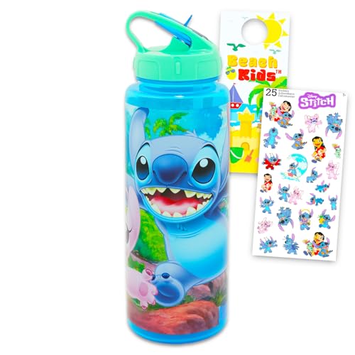 Stitch Reusable Water Bottle Set - Bundle with Plastic 30oz Water Bottle with Twist Top with Straw for Home, School, Sports, Plus Sticker, More | Lilo & Stitch Sport Container