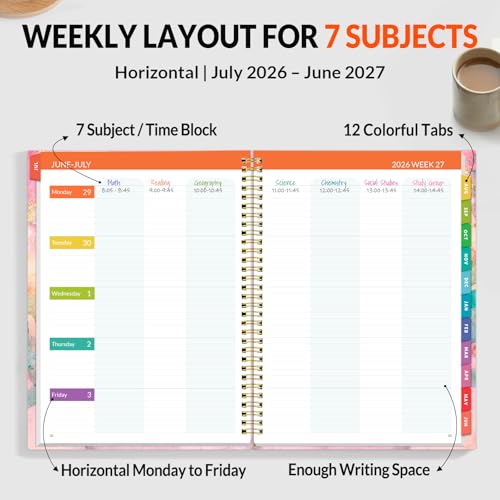 SUNEE Teacher Planner 2026-2027 Academic Year, Lite Lesson Planner Book with 7 Periods Jul 2026 - Jun 2027, 8.5"x11" Daily Weekly and Monthly Organizers, Plan Book with Pocket, Color Tabs, Pink Marble - color: Marble
