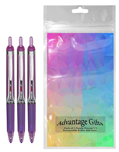 Precise V5 RT Retractable Rolling Ball Pens, Extra Fine Point (.5mm), Purple Ink, 3-pk; Premium Comfort Grip, Include with Plastic Reusable Pouch - color: Purple, size: 3 Count (Pack of 1)