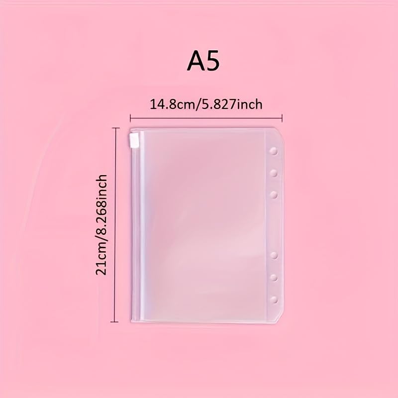 5PCS 6 Holes A5 Binder Pockets Clear Zipper Folders for 6 Ring Loose Leaf Notebook Waterproof PVC Organizer