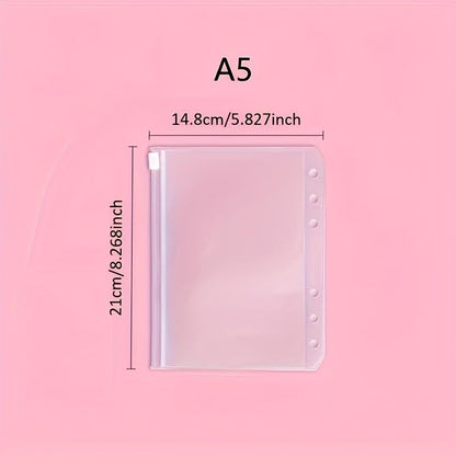 5PCS 6 Holes A5 Binder Pockets Clear Zipper Folders for 6 Ring Loose Leaf Notebook Waterproof PVC Organizer