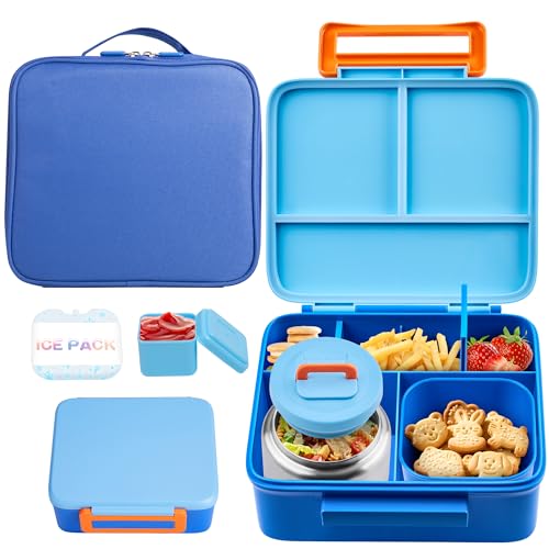 Bento Lunch Box for Kids with Thermo, Leakproof Bento Box with 8oz Insulated Food Jar, Lunch Bag, BPA Free Dishwasher Safe 4 Compartment Container for School Girls Boys (Blue) - color: Blue1