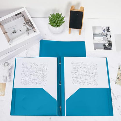 Yeaqee 30 Pcs Plastic Folders with Pockets and Prongs Plastic Folder 2 Pockets 3 Prongs with Business Card Slot Back to School Folders for Students, Teachers, Office Workers (Sapphire Blue) - color: Sapphire Blue