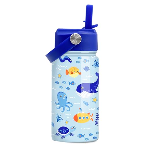 SANDJEST Kids Water Bottle with Straw Lid - 12 Oz Insulated Stainless Steel Ocean Water Bottles for Kid Boys - Travel Cup for School Sports - color: Ocean Animal 1