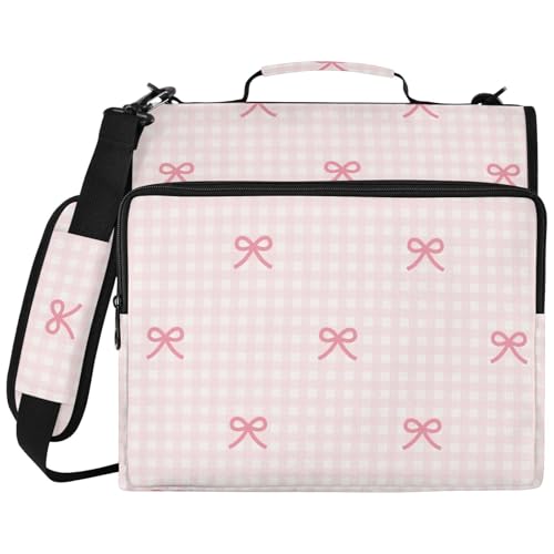 Zipper Binder Pink Checkered Little Bow Bag with Shoulder Strap 3 Ring Binder Organizer Large Capacity Multiple Pockets for School Office - color: Pink Bow