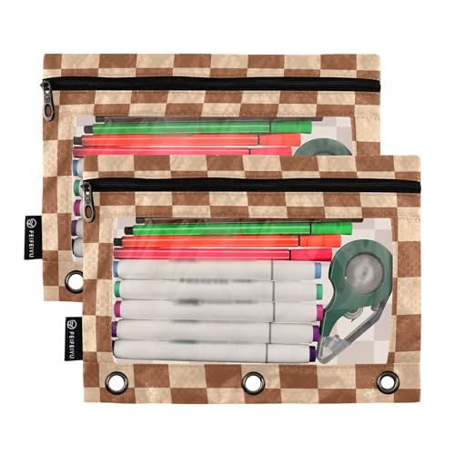 Saddlebrown Buffalo Plaid Binder Pouches 3 Ring for Boys Girls School Office College Supplies Brown Chessboard Wheat Pencil Pouches Case Bag with Clear Window and Zipper 2 Pack - color: Saddlebrown