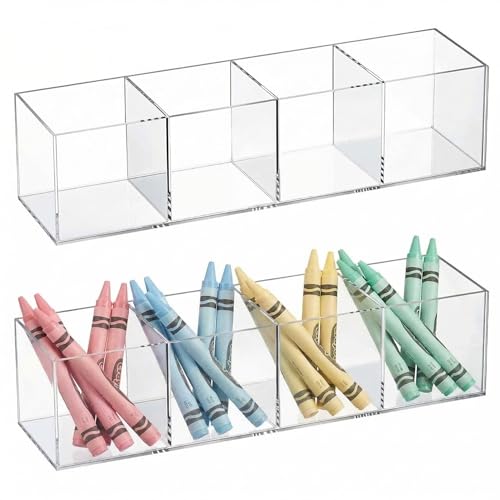 Epakh 2 Pcs 4 Compartment Acrylic Cube Organizer 4 Section Clear Acrylic Pencil Holder Small Drawer Organizer for Makeup Brush Crayon Desk Home Office Back to School Supplies(10 x 2.6 x 2.5 Inches)