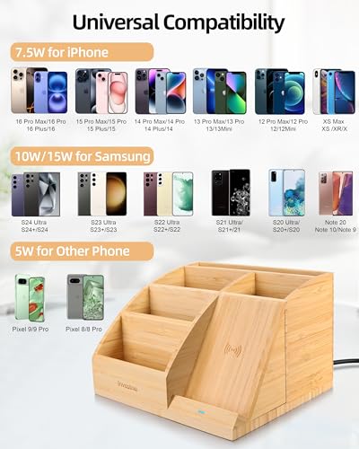 Bamboo Pen Holder with Wireless Charger, Desk Organizer with 5 Compartments for Home Office Supplies Compatible with iPhone & Samsung Series - color: Natural