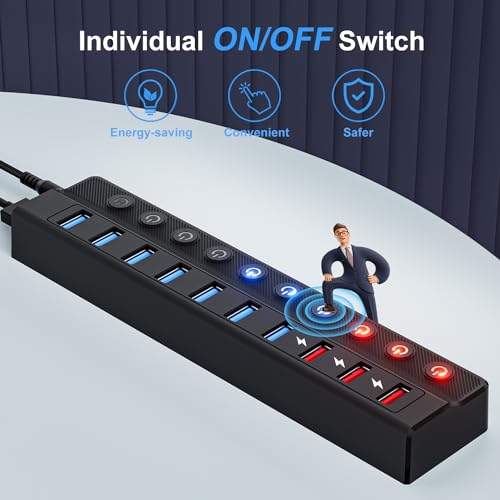 ONFINIO Powered USB Hub, 10-Port USB Splitter Hub | (7 Faster Data Transfer Ports+ 3 Smart Charging Port) with 12V/3A Power Adapter USB Extension for Mac, PC and More - style: 10 PORT QC 3.0