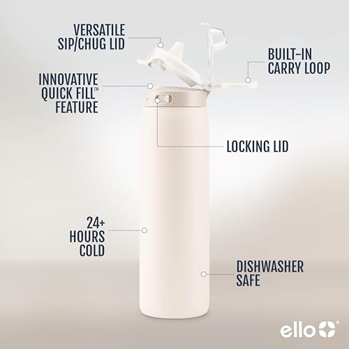 Ello Pop & Fill Insulated Stainless Steel Water Bottle with Quick Fill Lid, Leakproof Locking, Sip or Chug Spout, BPA-Free, Double Wall Vacuum Insulated for Sports, Travel & School- 22oz / 32oz / 40oz - color: Cream, style: 22oz