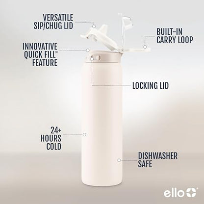 Ello Pop & Fill Insulated Stainless Steel Water Bottle with Quick Fill Lid, Leakproof Locking, Sip or Chug Spout, BPA-Free, Double Wall Vacuum Insulated for Sports, Travel & School- 22oz / 32oz / 40oz - color: Cream, style: 22oz