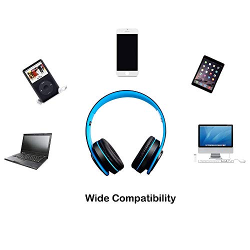 Wireless Headset with Mic, Foldable Bluetooth Headphone with 3.5mm Audio Jack, Built-in Noise Cancelling Microphone, Support for Plug-in Card, for PC, Phone(Black+Blue)